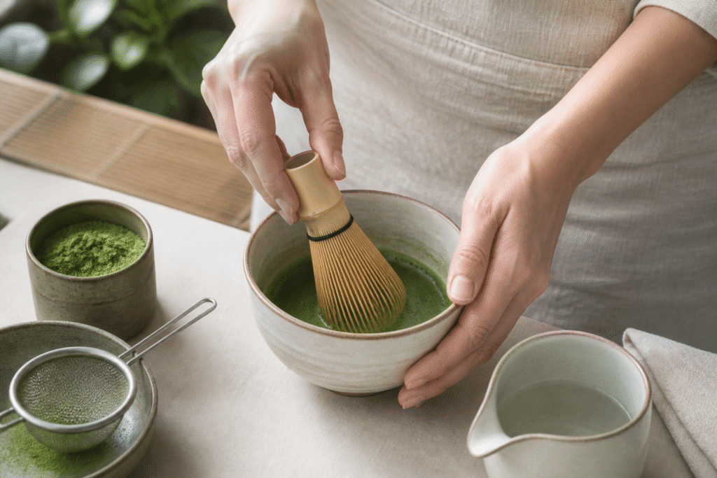 Bamboo matcha whisk frothing a bowl of green tea