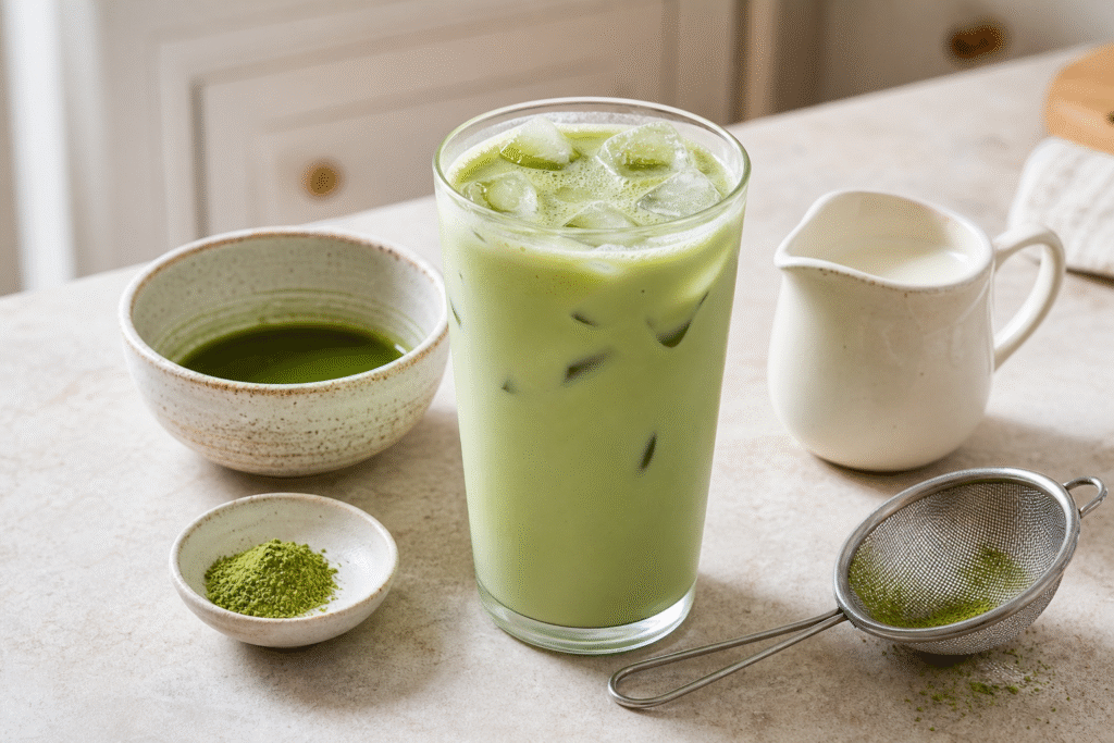 Iced matcha latte on a café counter beside a handwritten order