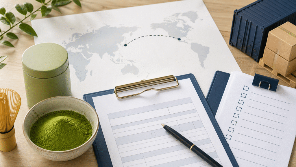 Matcha powder beside shipping paperwork, a customs checklist and an abstract Japan to United States route map
