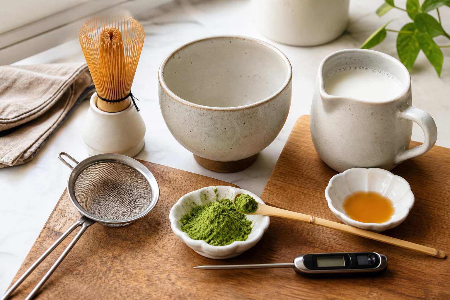 Unbranded matcha preparation tools with a bowl, whisk, sieve, thermometer, milk pitcher, sweetener and matcha powder
