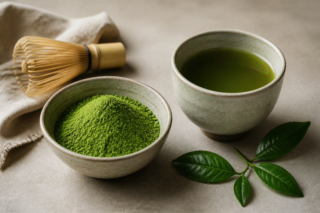 Bowl of matcha powder beside a cup of green tea