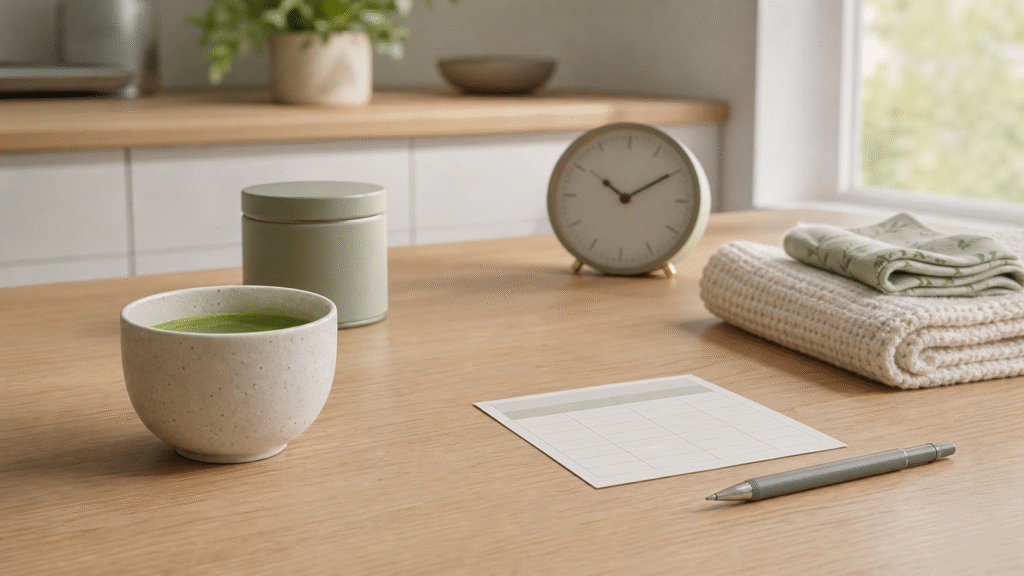 Untouched matcha beside a blank beverage log, clock and folded baby blanket