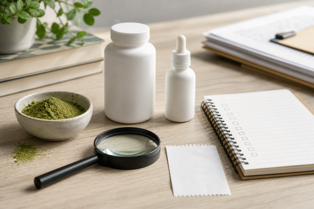 Generic unbranded supplement containers, matcha powder and a magnifying glass beside a blank checklist