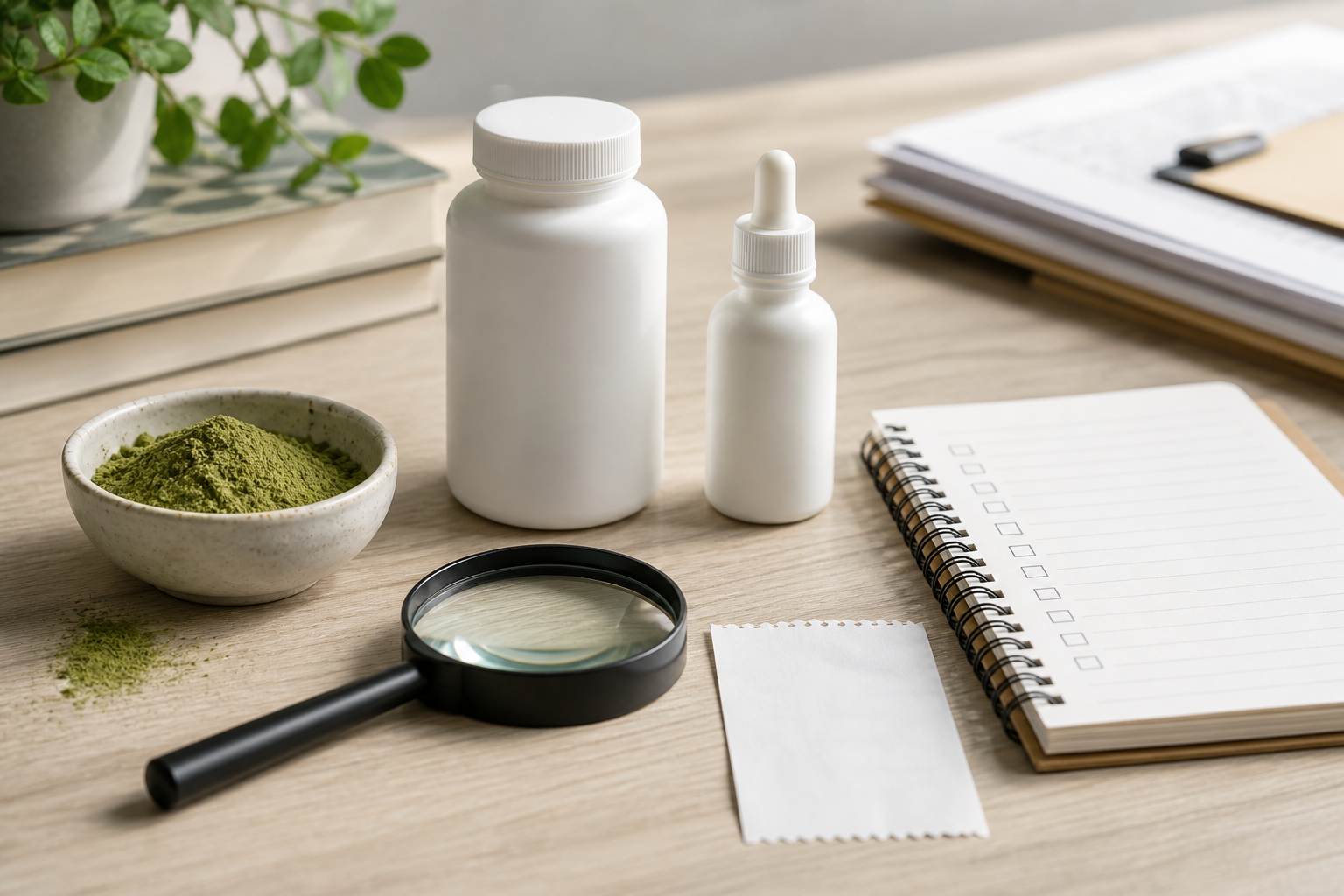 Generic unbranded supplement containers, matcha powder and a magnifying glass beside a blank checklist
