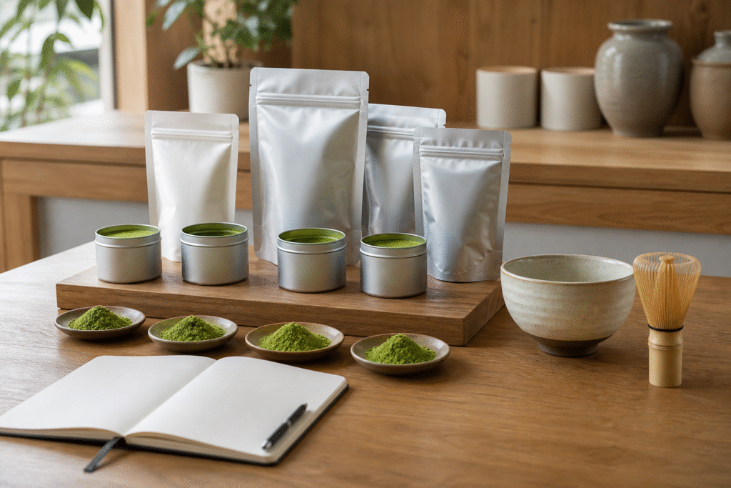 Unbranded matcha samples in plain tins and pouches beside a tea bowl and notebook