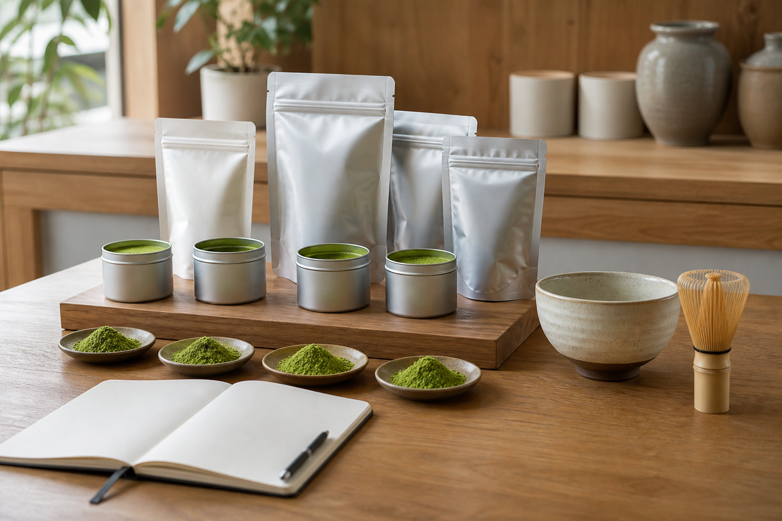 Unbranded matcha samples in plain tins and pouches beside a tea bowl and notebook