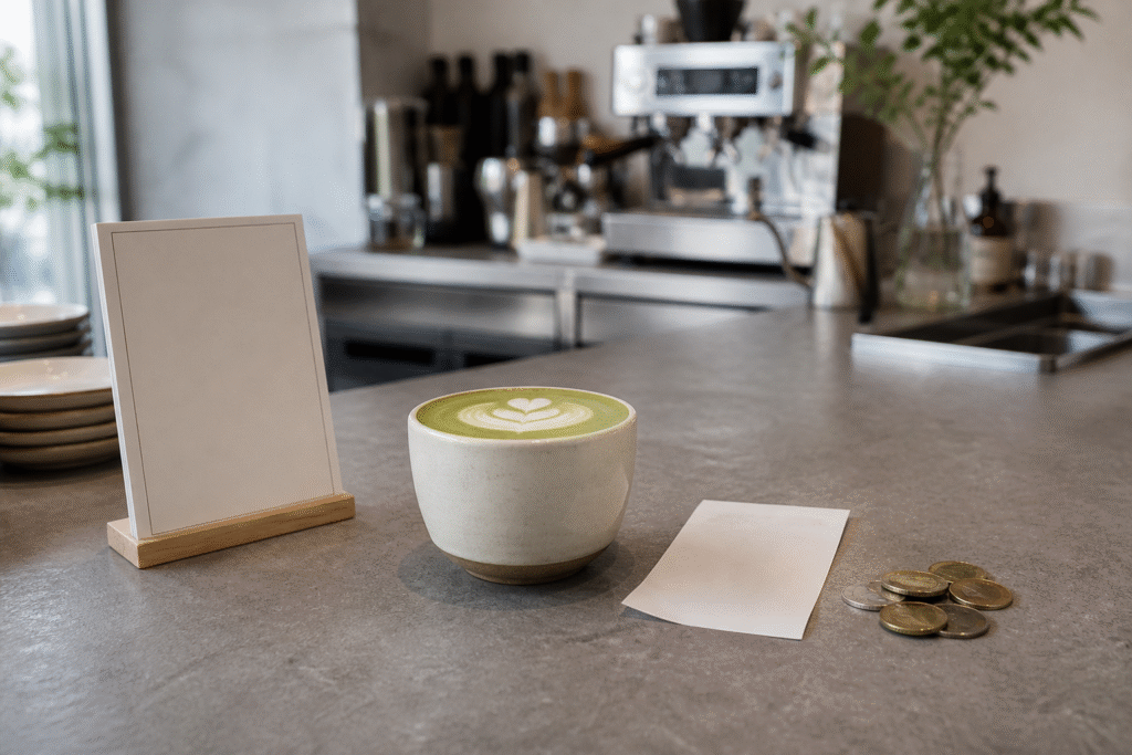 Unbranded matcha latte on a café counter beside a blank receipt and coins