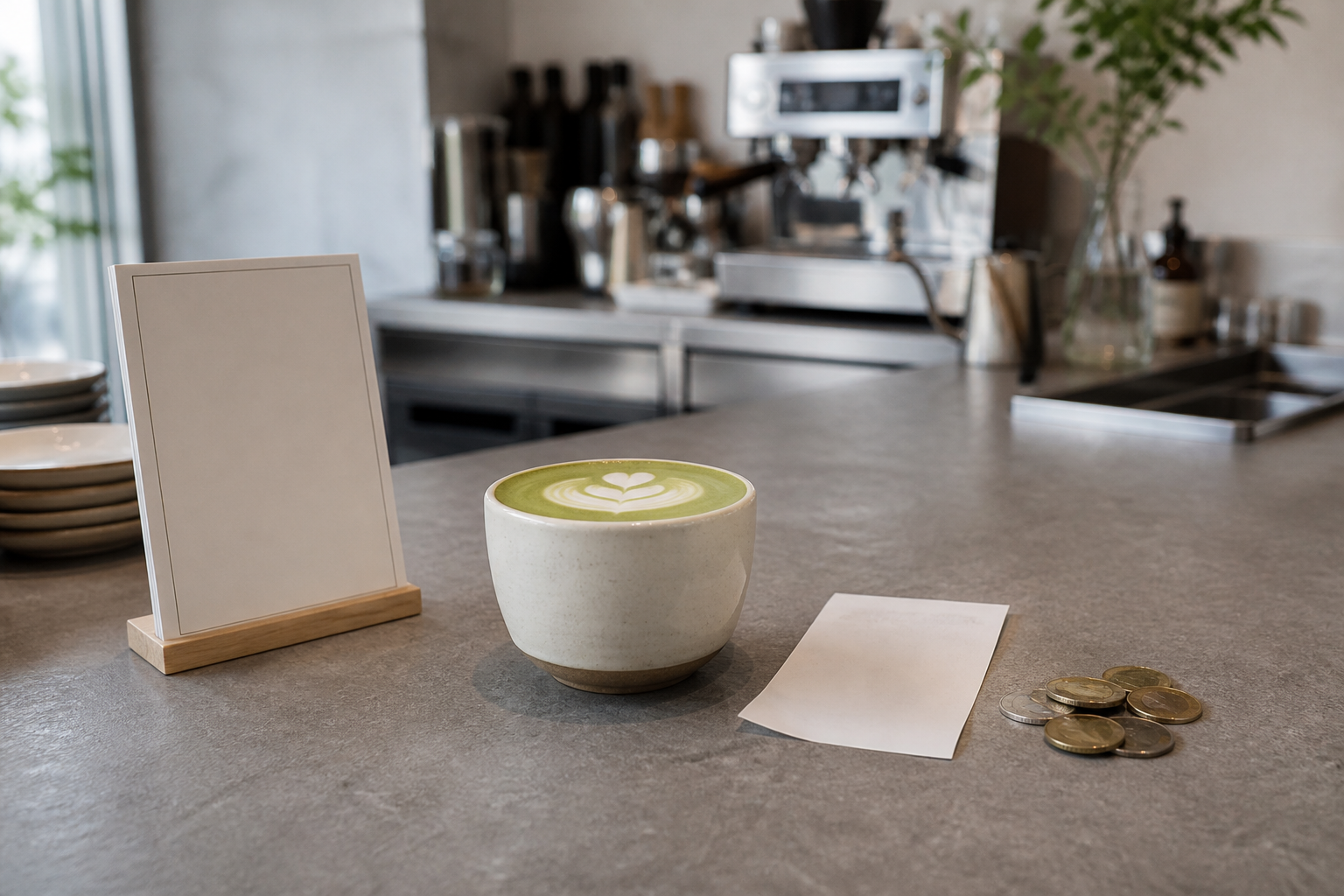 Unbranded matcha latte on a café counter beside a blank receipt and coins