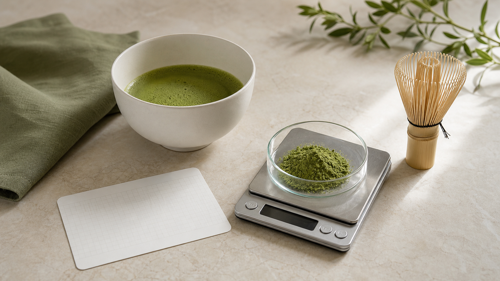 Measured matcha powder on a digital scale beside a prepared bowl and blank calculation card
