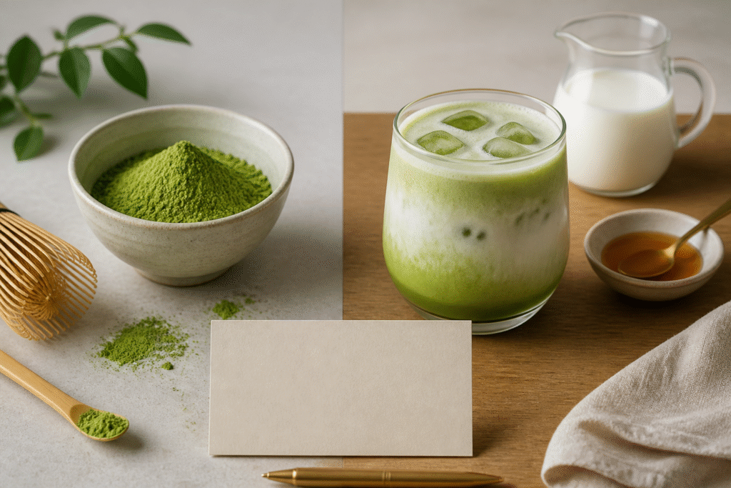 Plain matcha powder and a sweetened matcha latte shown as separate recipe components