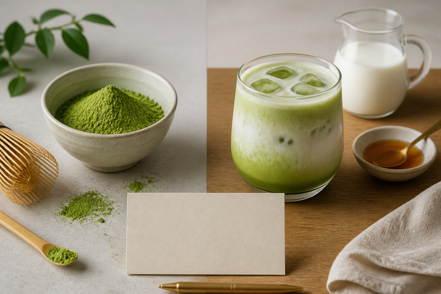 Plain matcha powder and a sweetened matcha latte shown as separate recipe components