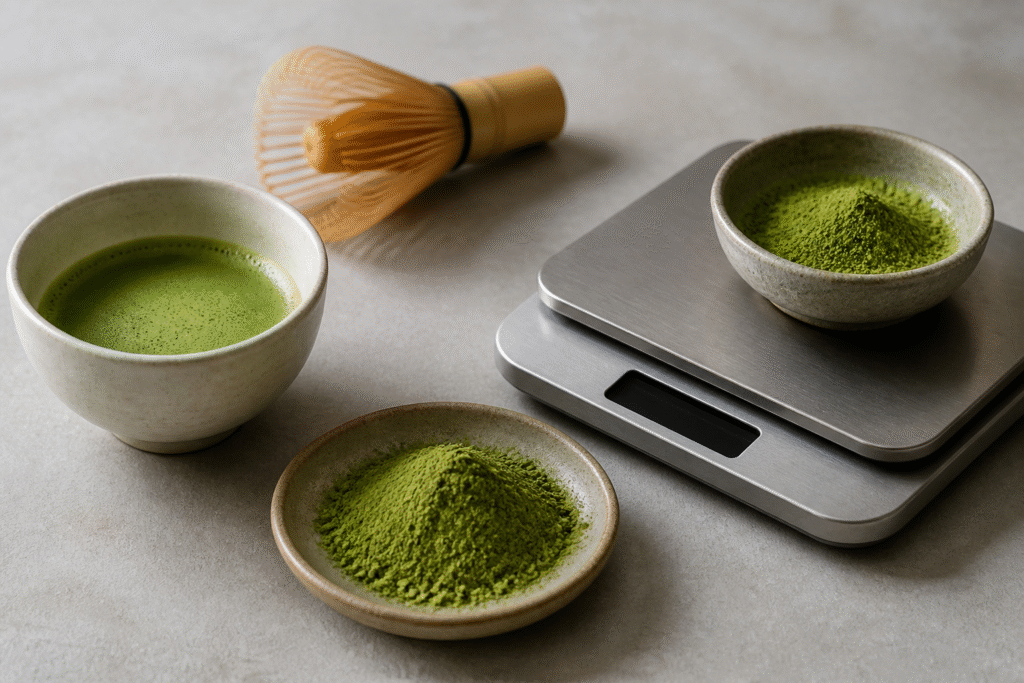 Matcha powder, whisked tea and a kitchen scale