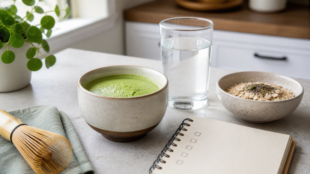 Plain matcha beside water, oats and a checklist notebook