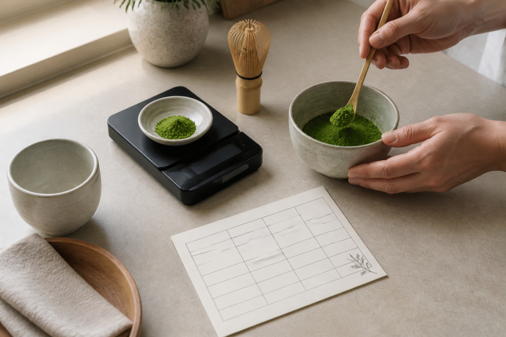 Matcha powder, scale, cup and blank serving planner card