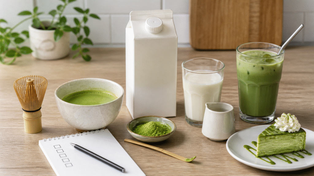 Plain matcha with milk and unsweetened drink ingredients on a kitchen counter
