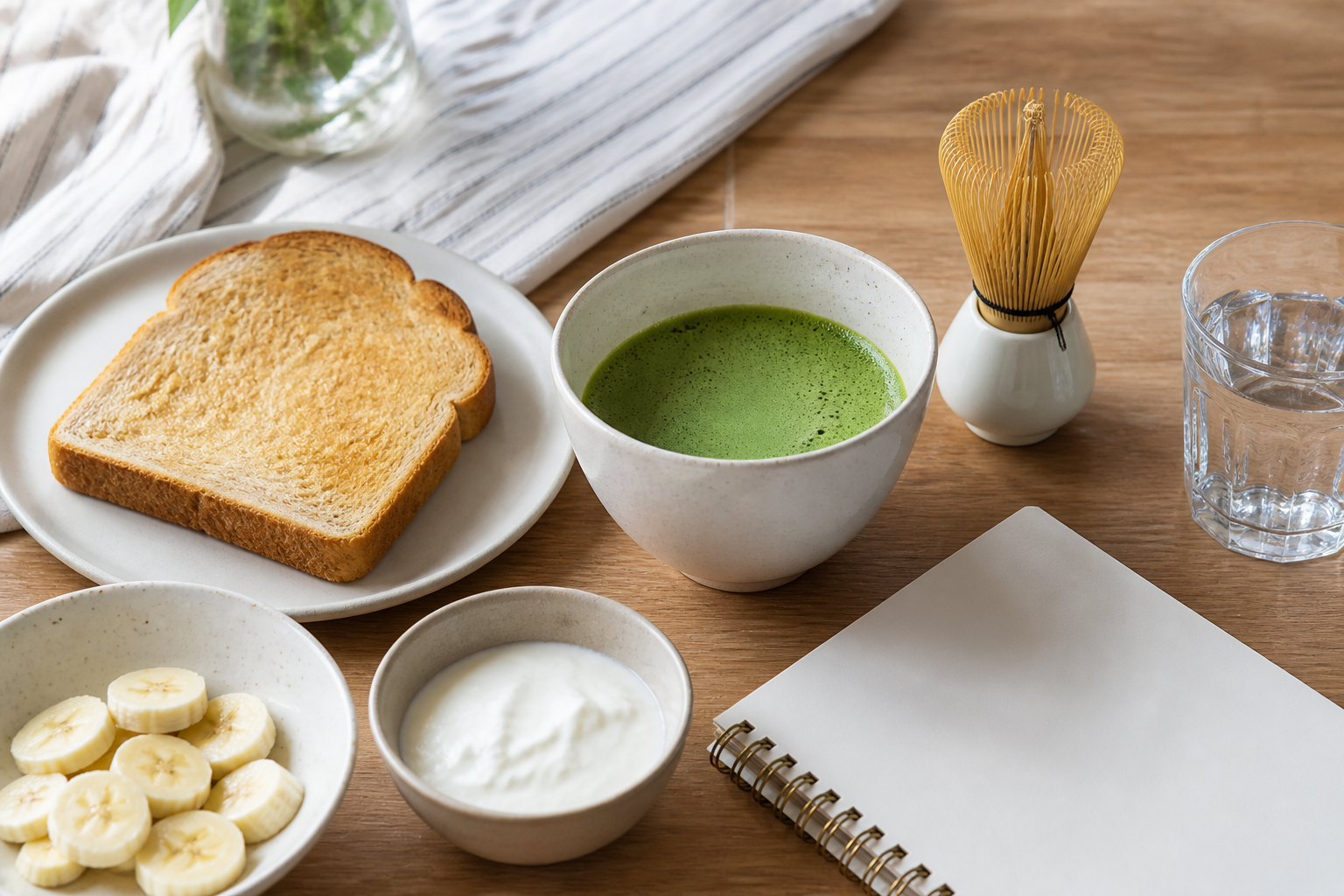 Unbranded bowl of matcha beside toast, banana slices, yogurt, water and a blank notepad on a breakfast table