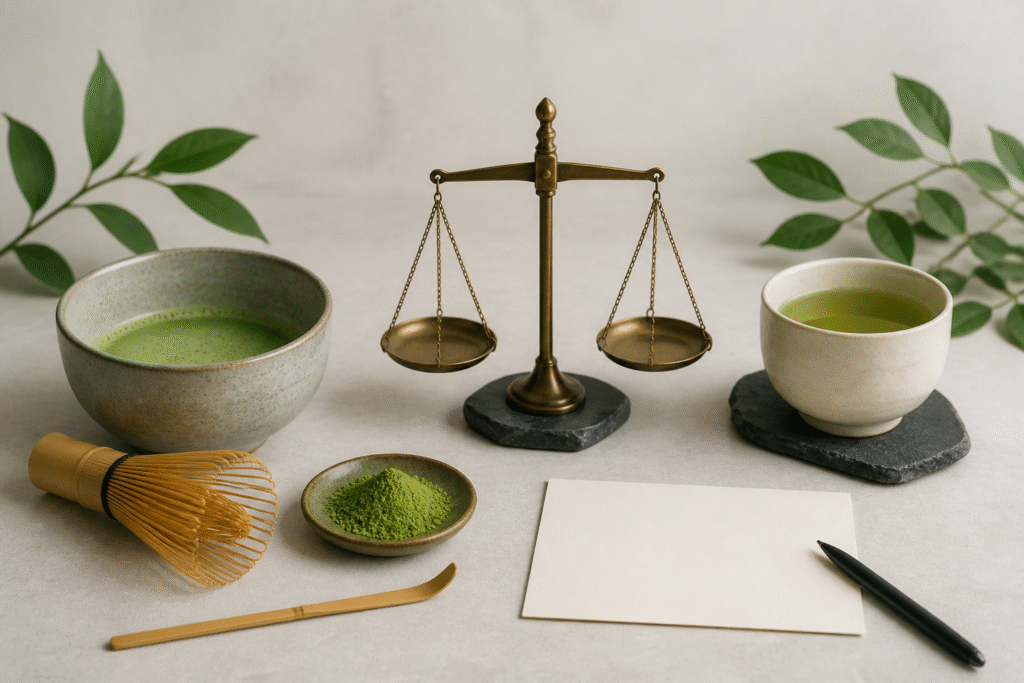 Matcha bowl, tea cup and an unbranded balanced evidence scale on a neutral table