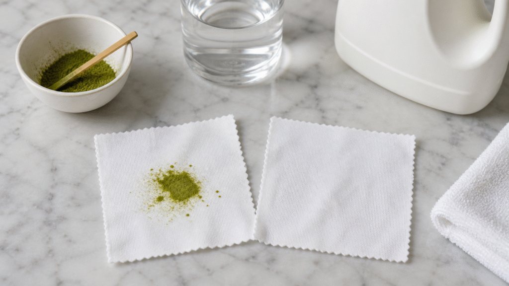 Matcha powder on one white cotton swatch beside a clean control swatch, water and plain detergent
