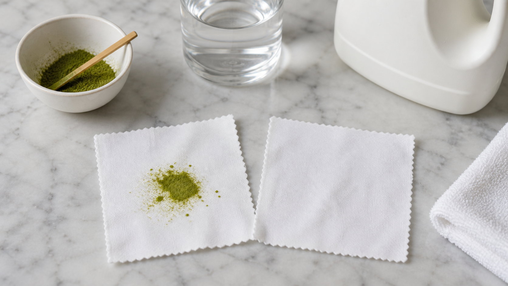 Matcha powder on one white cotton swatch beside a clean control swatch, water and plain detergent
