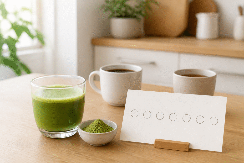 Plain matcha, matcha powder and a blank weekly card with coffee and tea in the background