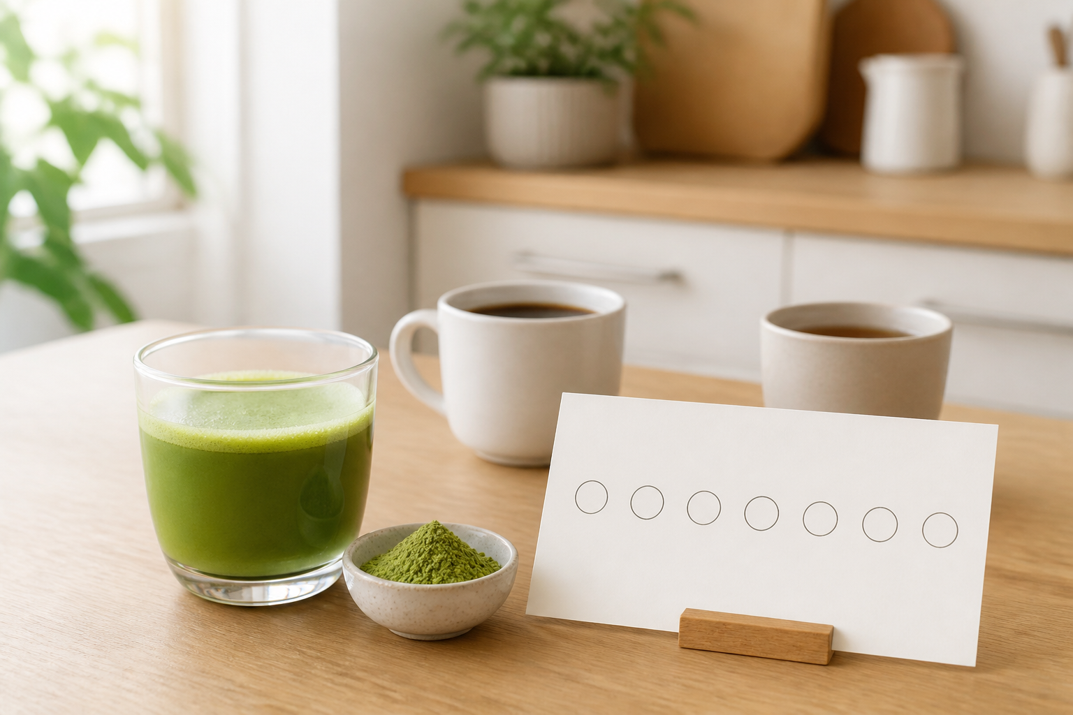 Plain matcha, matcha powder and a blank weekly card with coffee and tea in the background