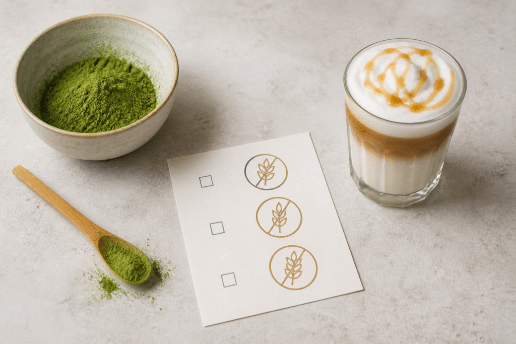 Plain matcha powder beside a blank ingredient checklist and a latte with milk and syrup