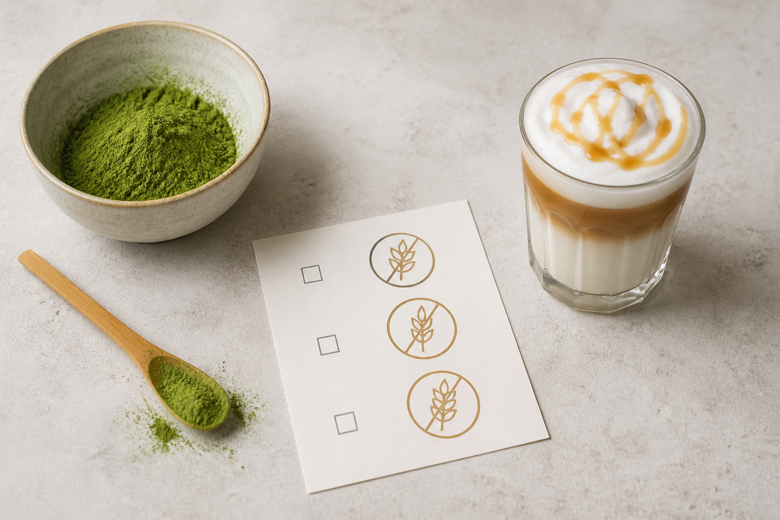 Plain matcha powder beside a blank ingredient checklist and a latte with milk and syrup