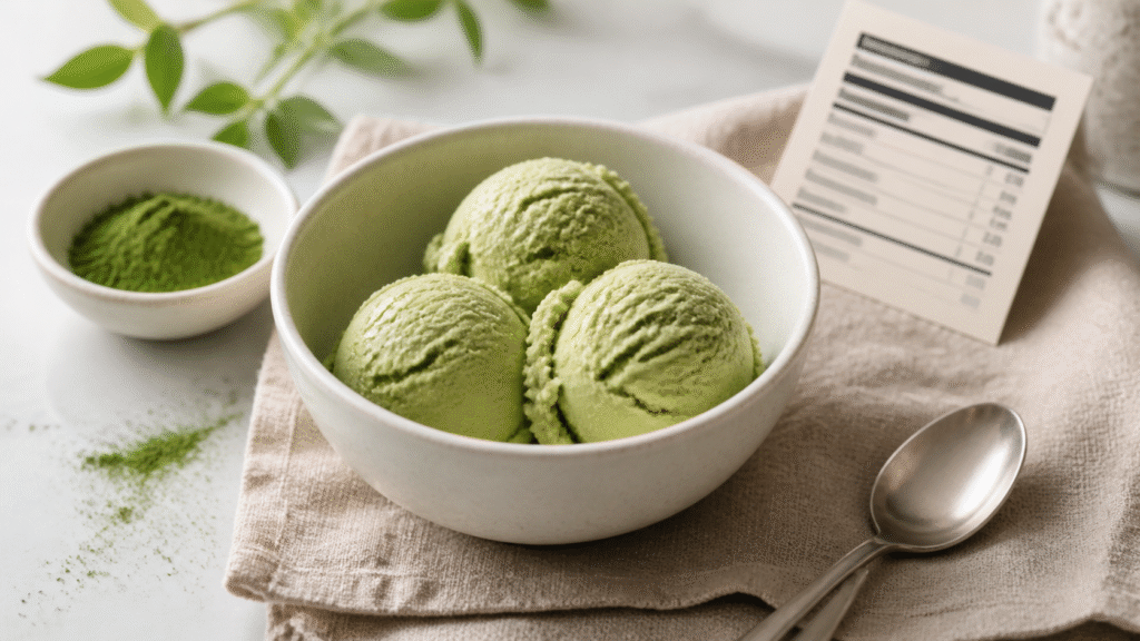 Unbranded bowl of matcha green tea ice cream beside matcha powder and an unreadable nutrition card