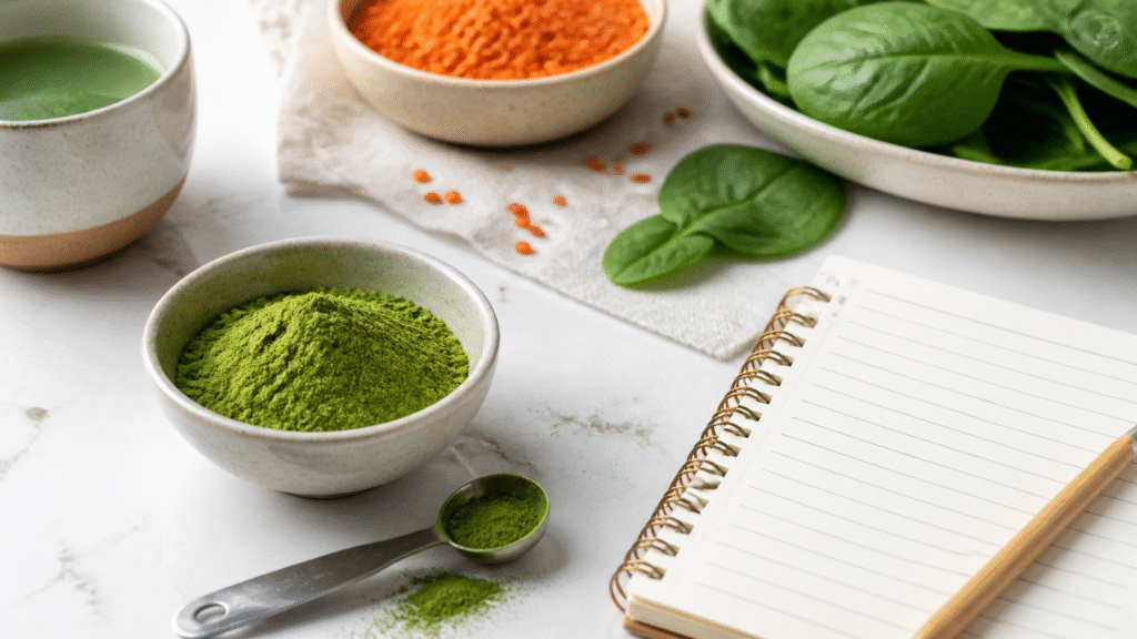 Matcha powder with a measuring spoon beside lentils, spinach and a blank nutrition notebook