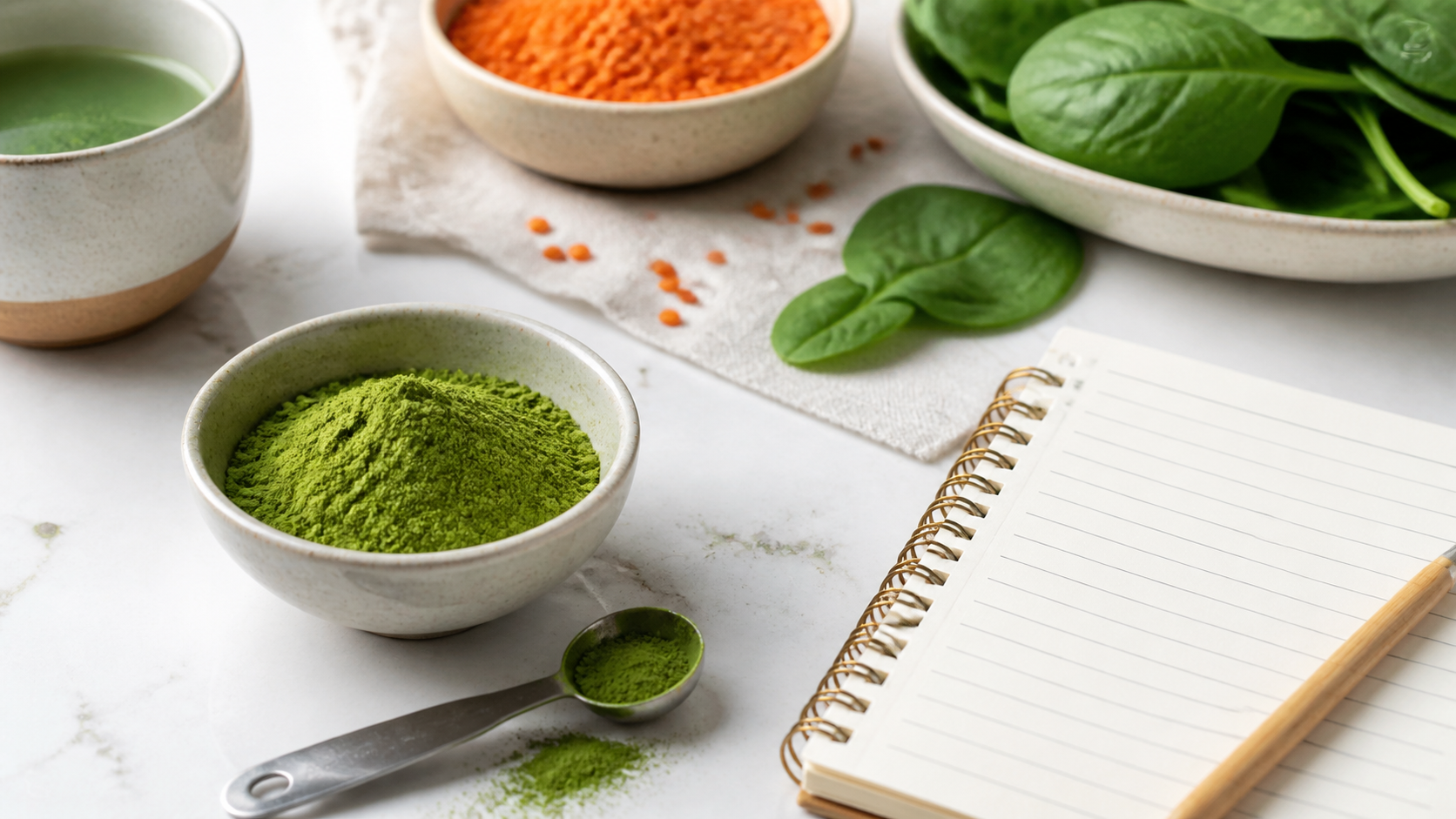 Matcha powder with a measuring spoon beside lentils, spinach and a blank nutrition notebook
