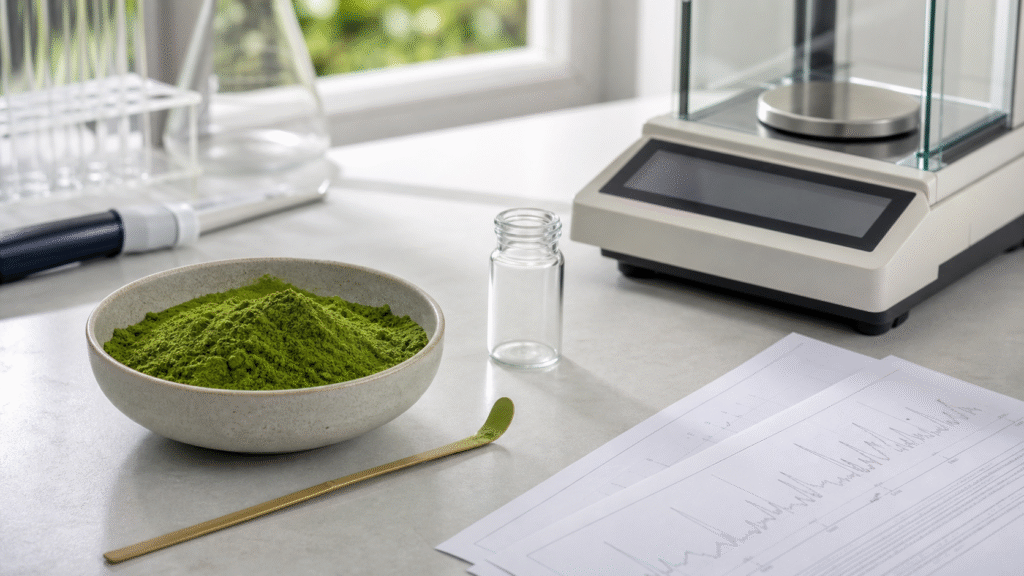 Matcha powder beside a precision balance, empty sample vial and generic analytical sheets