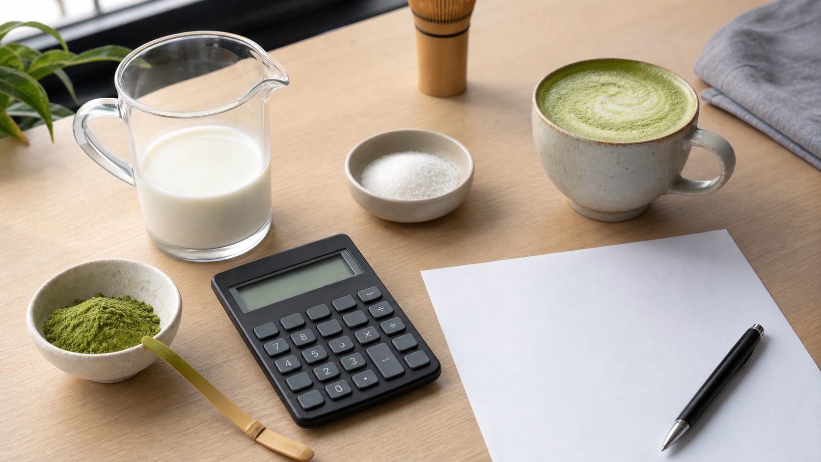 Matcha, milk and sugar beside a latte, calculator and blank recipe sheet