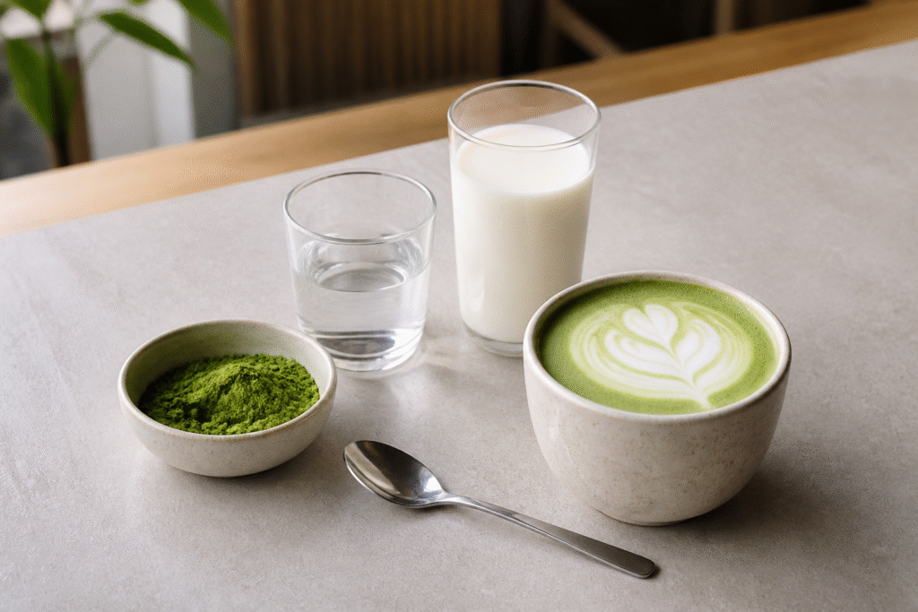 Matcha powder, water, milk, spoon and finished matcha latte