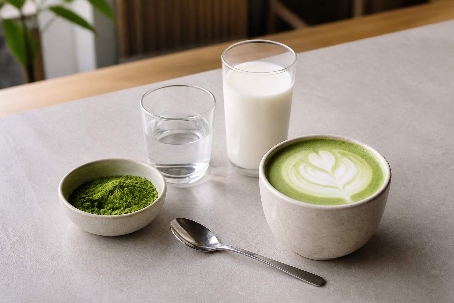Matcha powder, water, milk, spoon and finished matcha latte