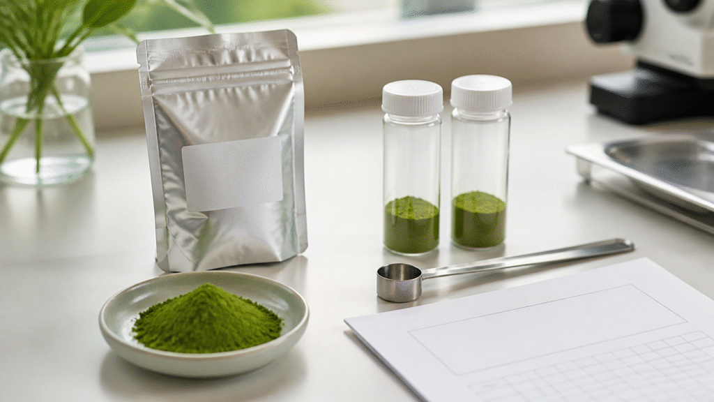 Unbranded matcha powder samples, a metal scoop and blank analytical worksheet on a clean workbench