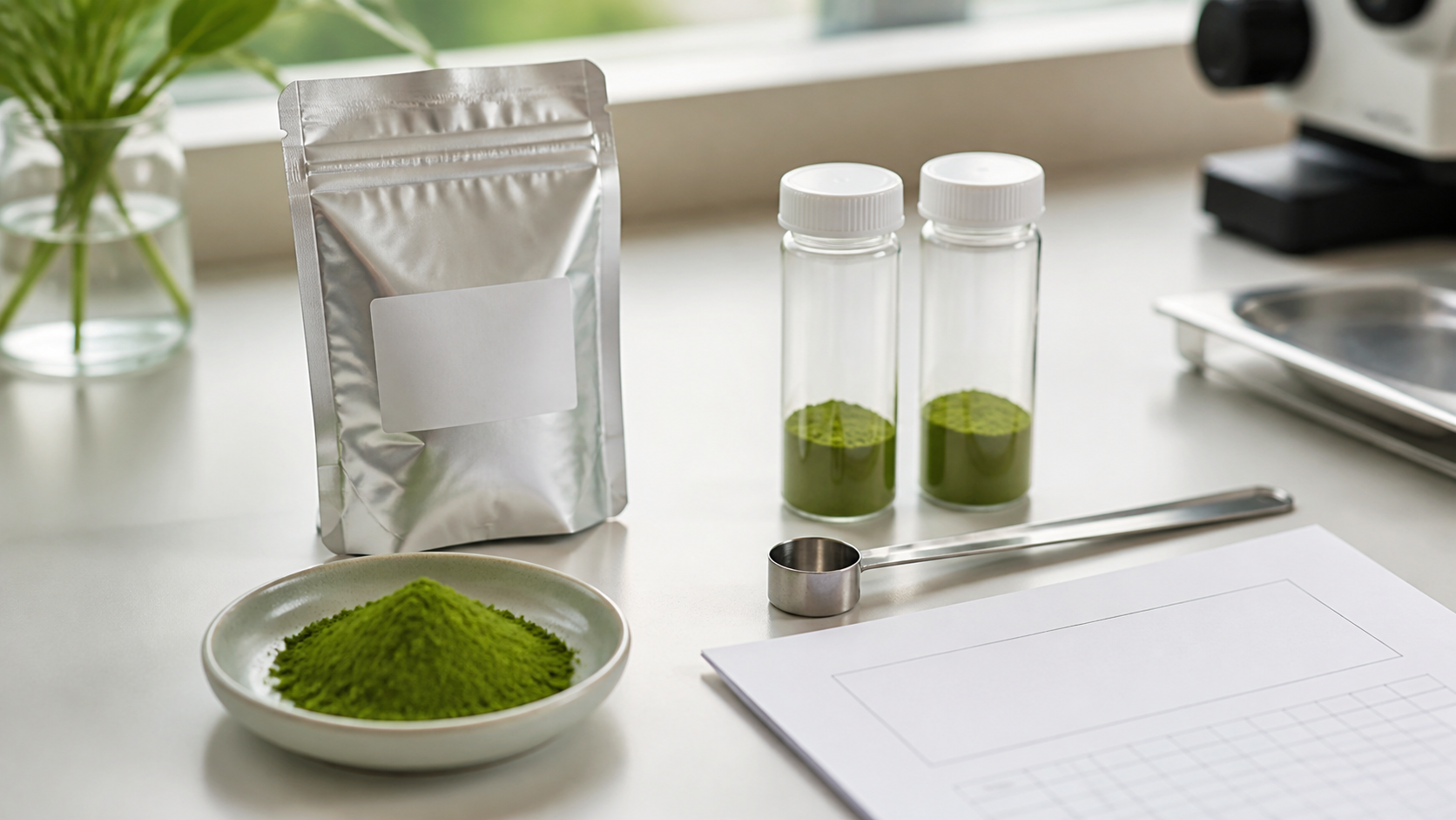 Unbranded matcha powder samples, a metal scoop and blank analytical worksheet on a clean workbench