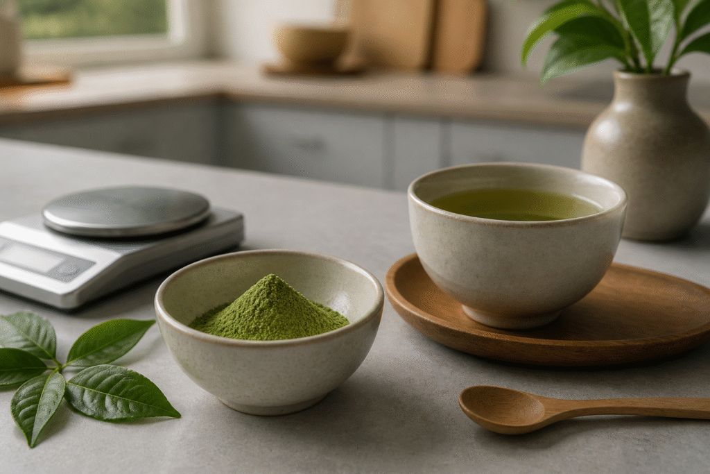 Bowl of matcha powder, tea cup, scale and green tea leaves