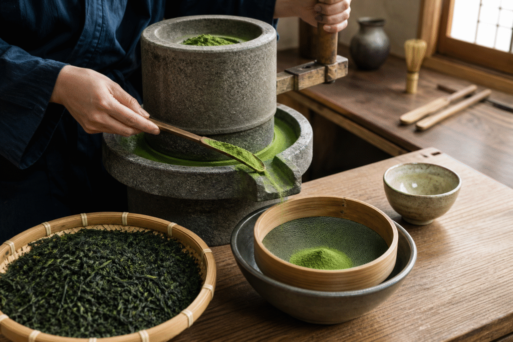 Tea leaves, stone mill and sifted green matcha powder in a tea workshop