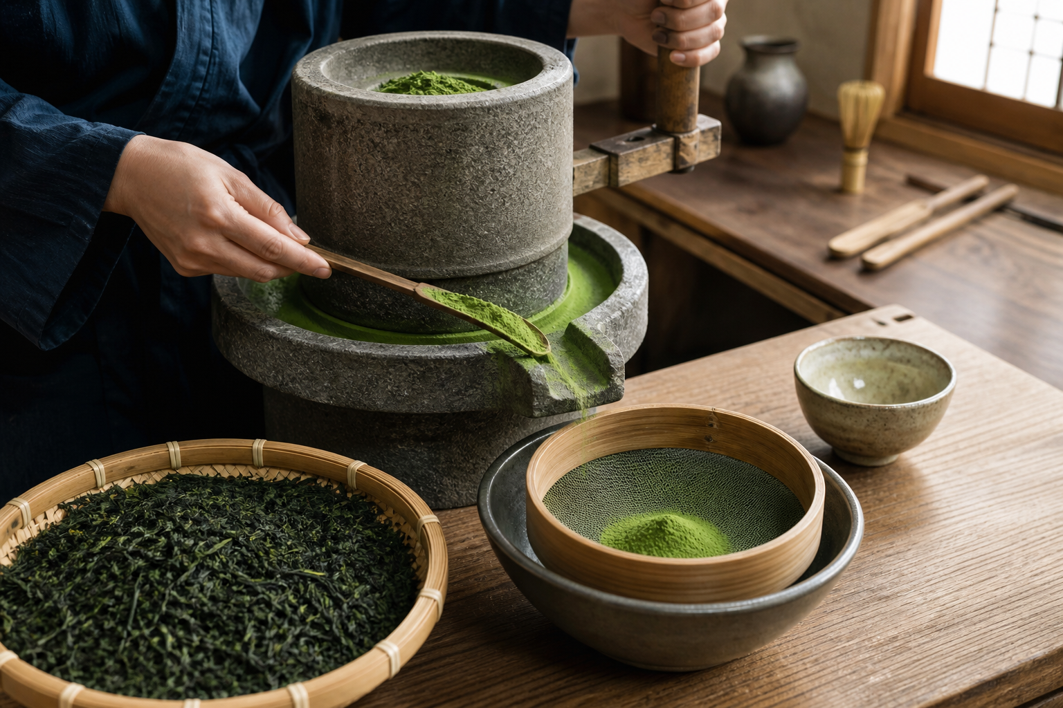 Tea leaves, stone mill and sifted green matcha powder in a tea workshop