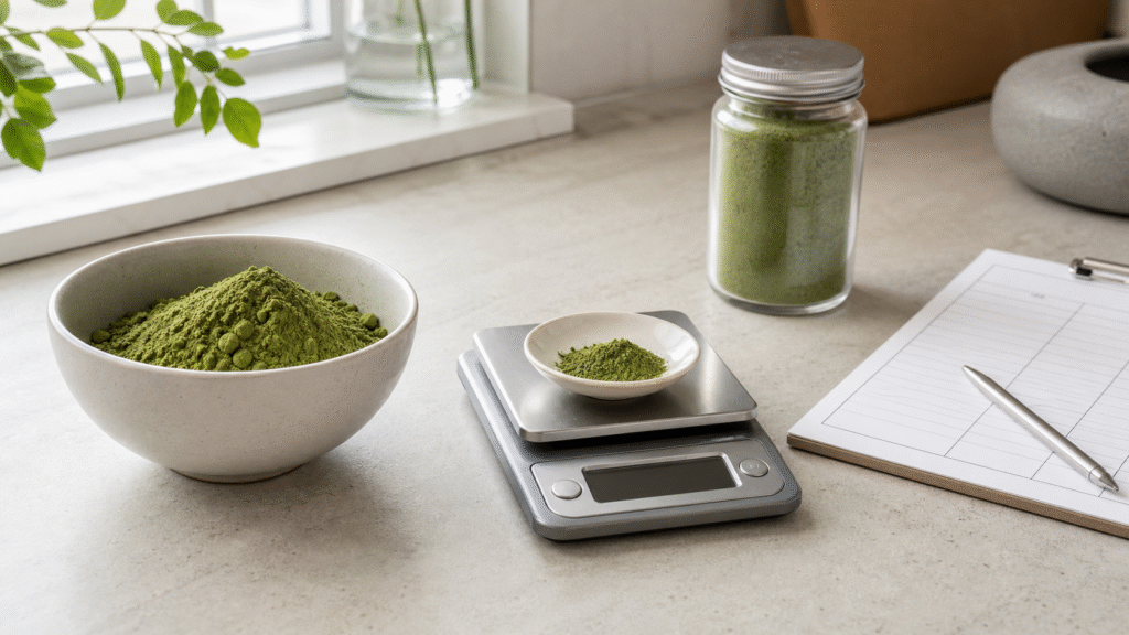 Small serving of matcha on a blank scale beside a larger bowl, sample jar and nutrition worksheet