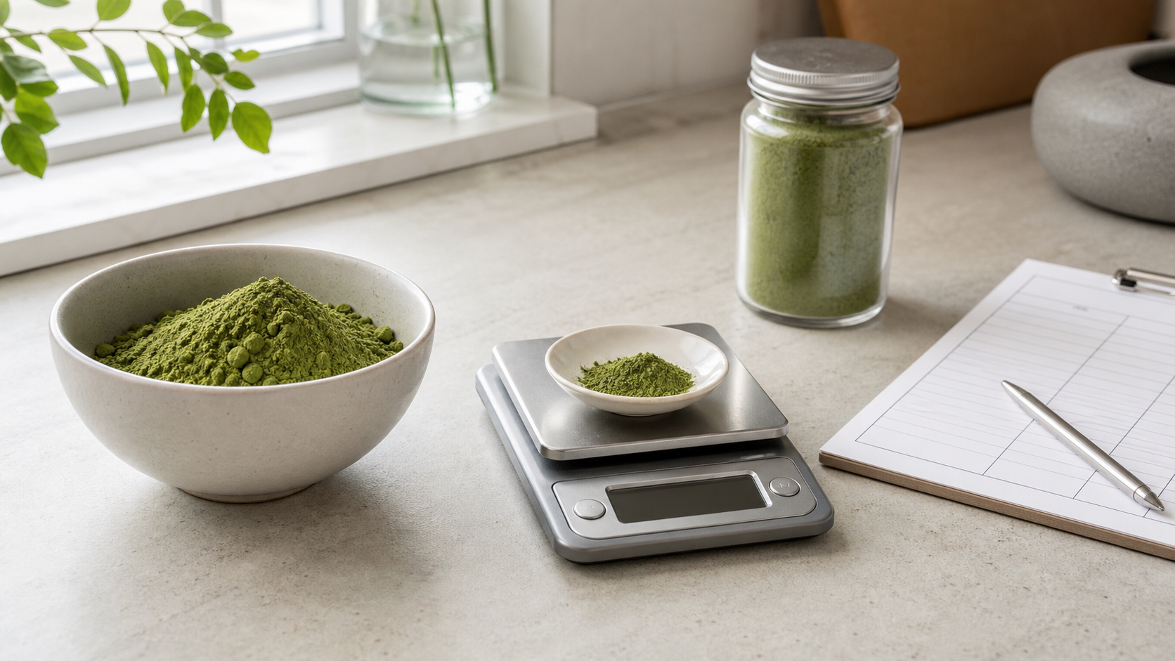 Small serving of matcha on a blank scale beside a larger bowl, sample jar and nutrition worksheet