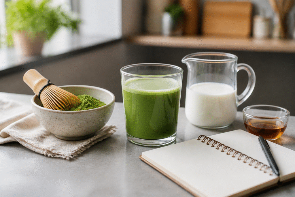 Matcha powder, plain prepared matcha, milk, syrup and a blank meal-planning notebook