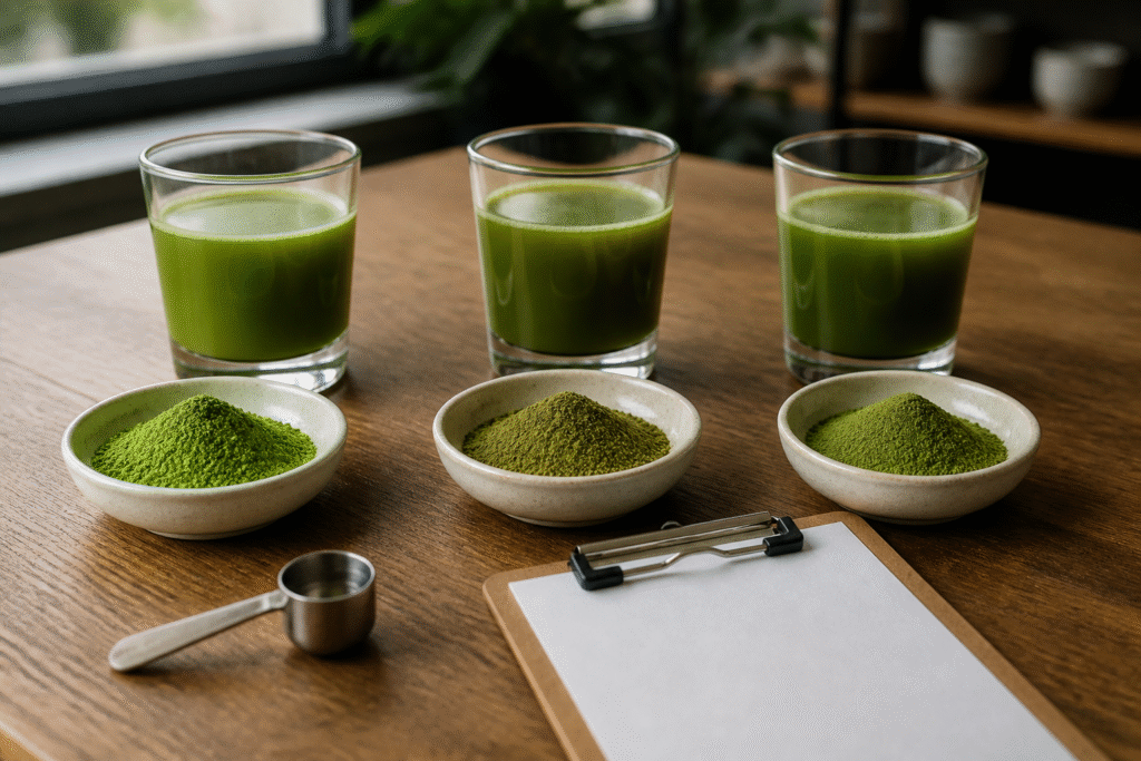Three unlabeled matcha powders and prepared drinks beside a blank specification clipboard
