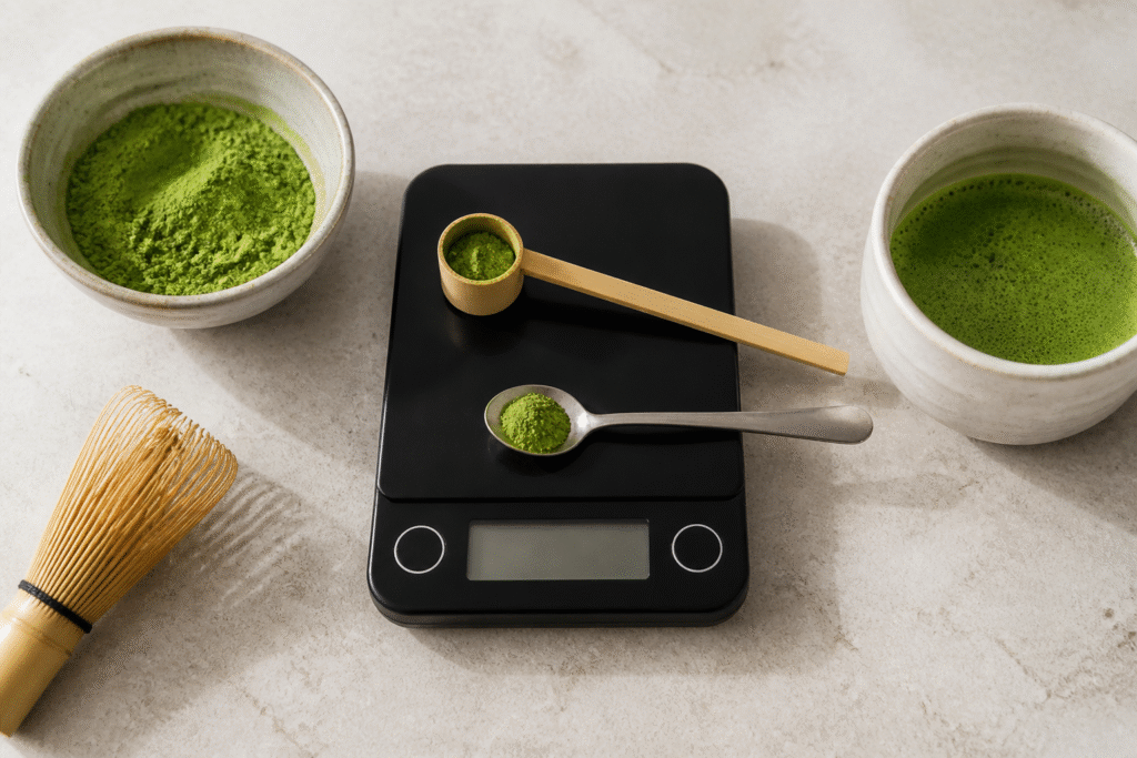 Measured matcha powder beside a caffeine and serving checklist
