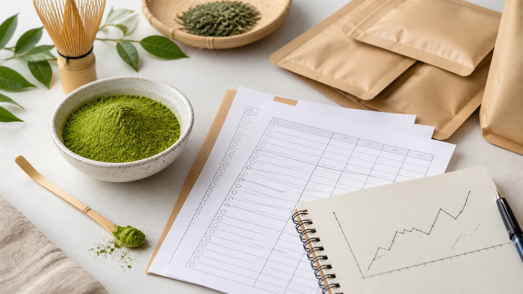 Unbranded matcha powder, sample pouches and inventory planning notes on a sourcing desk