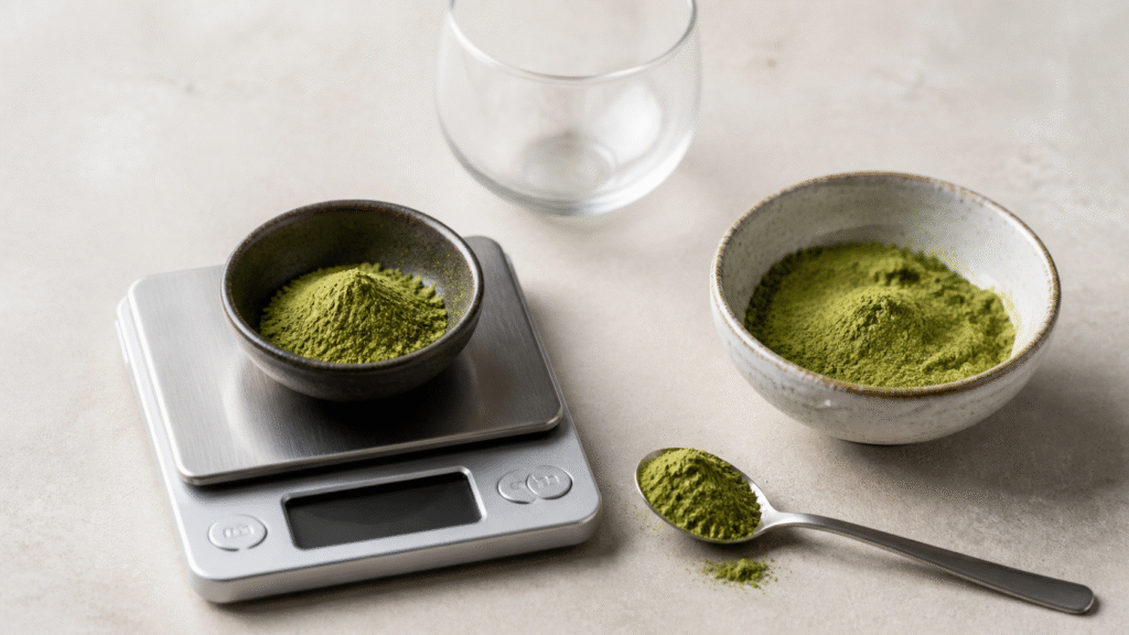 Matcha powder on a tablespoon beside a small kitchen scale