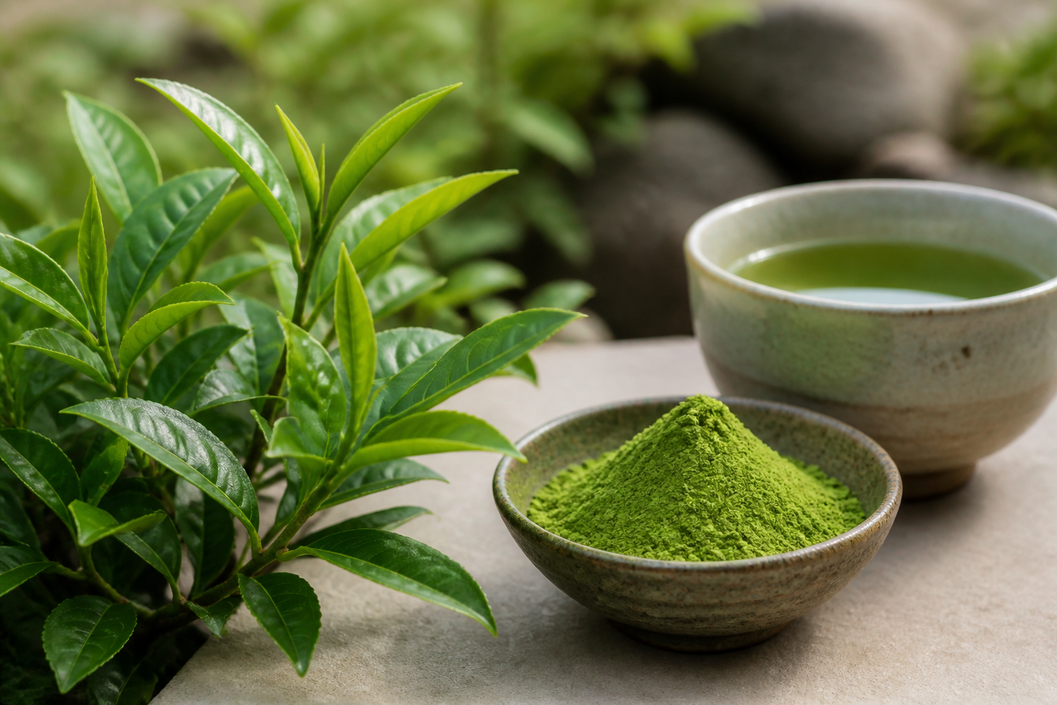 Tea plant leaves beside a bowl of matcha powder and a cup of tea