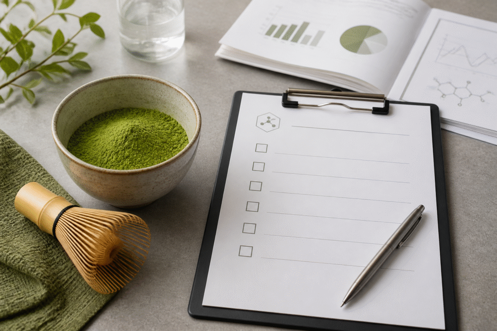Matcha powder and whisk beside a blank evidence checklist and abstract hormone chart shapes