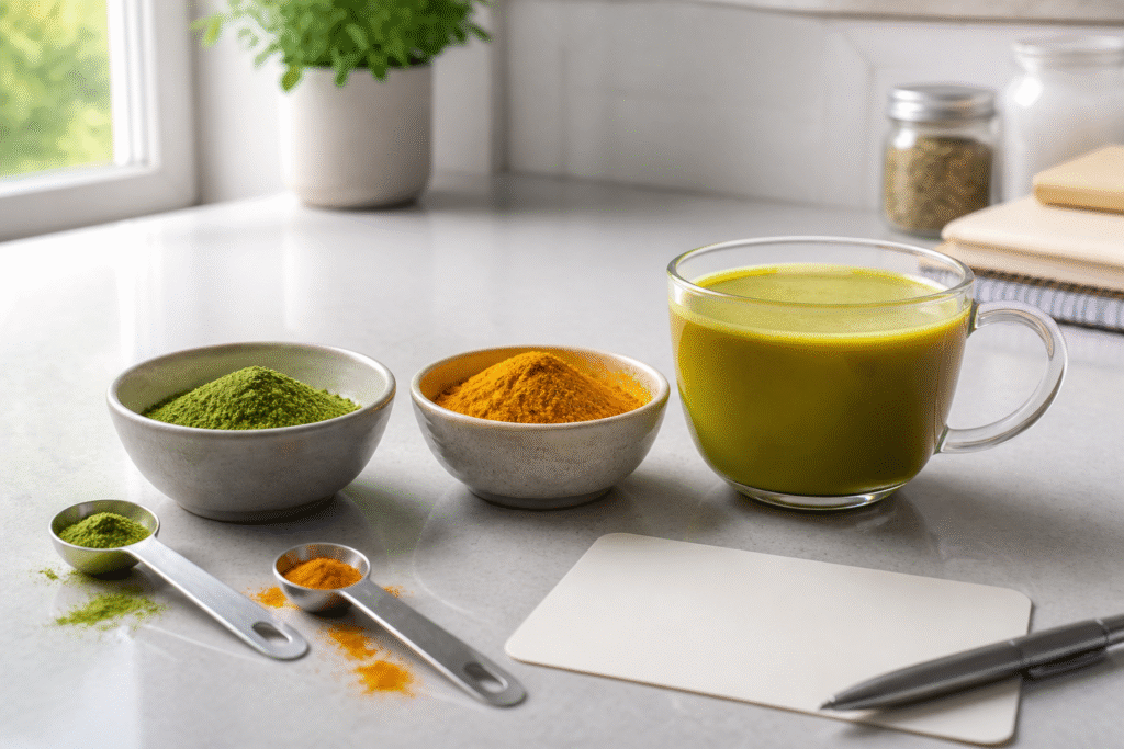Matcha powder, turmeric powder and an unbranded green-gold drink beside measuring spoons