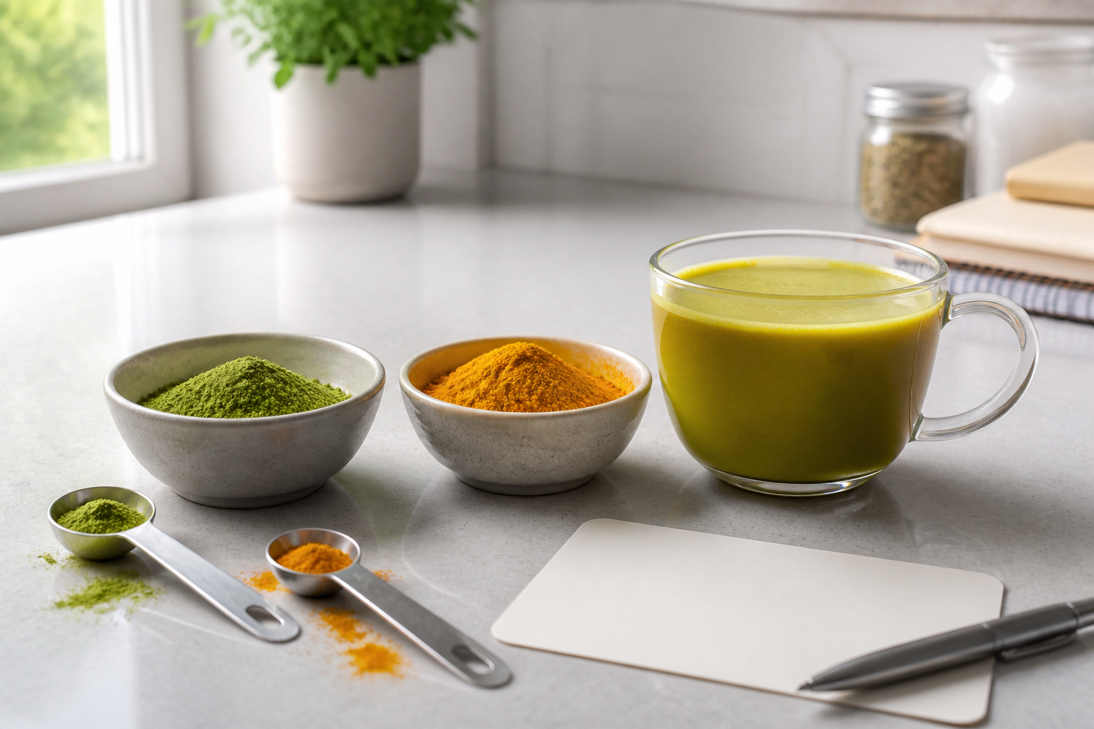 Matcha powder, turmeric powder and an unbranded green-gold drink beside measuring spoons